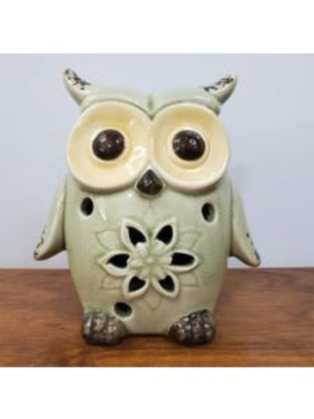 Whimsical Ceramic Owl Figurine Rustic Green Glazed Hollow Accent Cutouts Woodlan